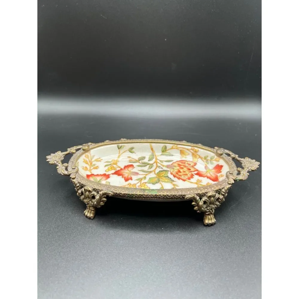 Chinese Porcelain & Brass Floral Soap Or Trinket Dish